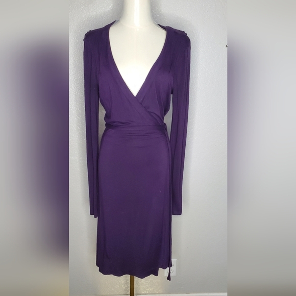 GAP Purple Long Sleeve True Wrap Around Jersey Knit Midi  Dress Size Small - Picture 2 of 6
